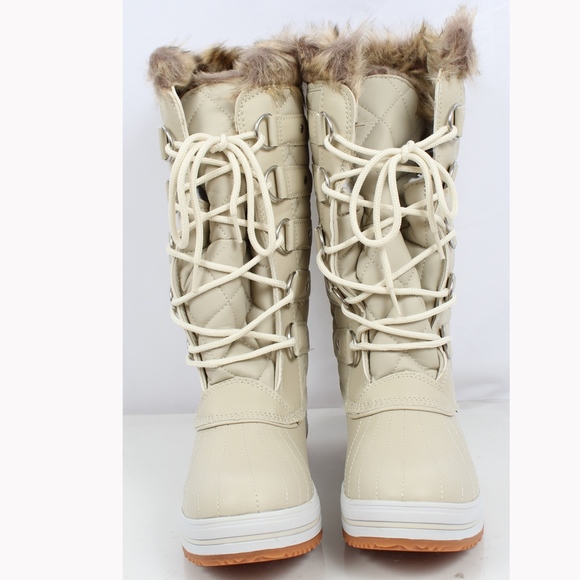 Size 6 Off White Lace Up Quilted Mid Calf Winter Snow Boo - Picture 5 of 9